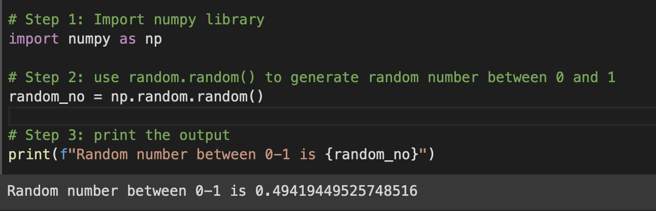 Code Example to generate random no between 0 and 1 using numpy library